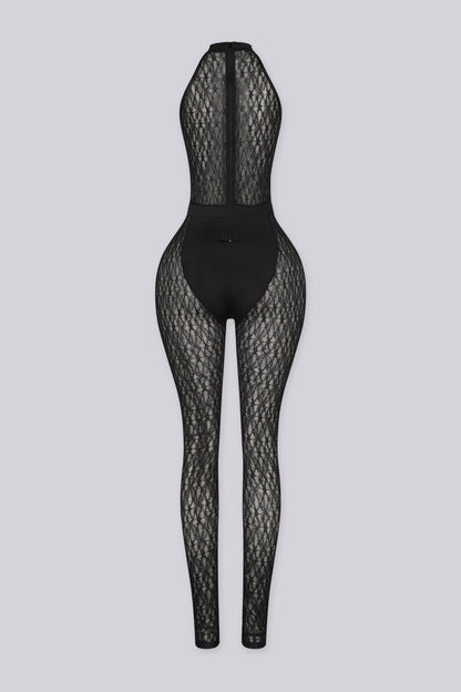 Black Widow Halter Neck Lace Jumpsuit