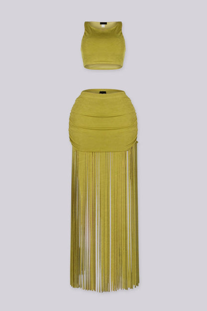 Olive Fringe Crop Top & Skirt SET
