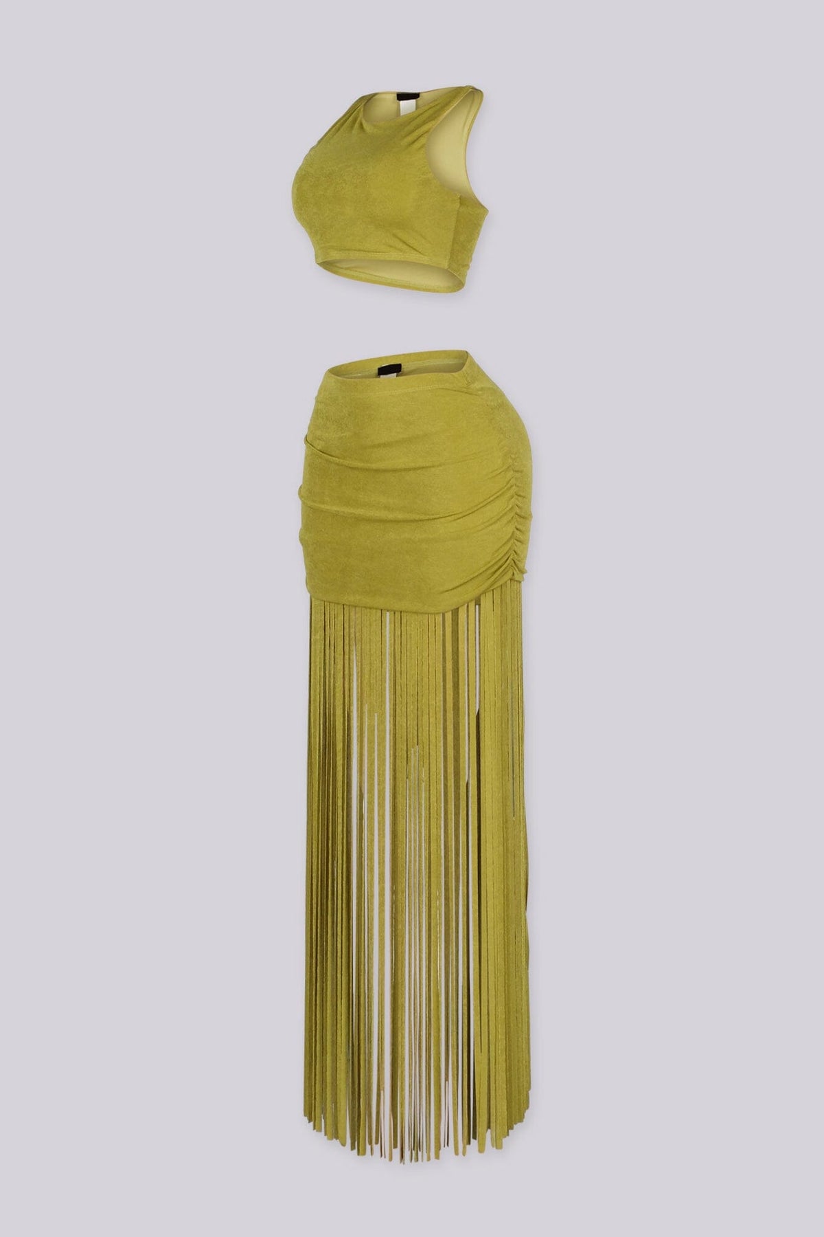 Olive Fringe Crop Top & Skirt SET