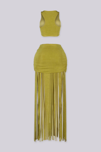 Olive Fringe Crop Top & Skirt SET