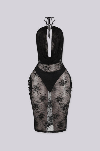 Belen Sheer Lace Halter Neck Midi Dress