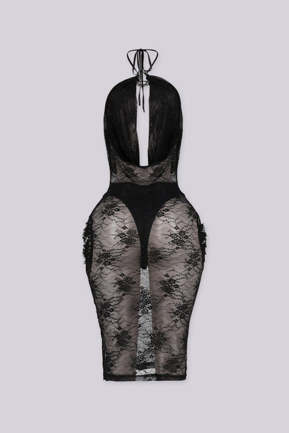 Belen Sheer Lace Halter Neck Midi Dress
