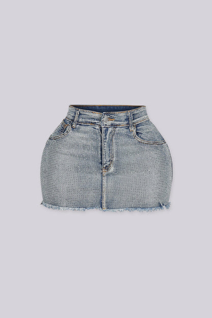 Opulent Rhinestone Denim Mini Skirt