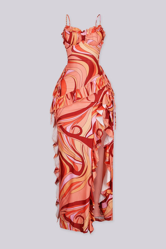 Sorento Swirl Print Ruffle Maxi Dress