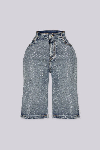 Opulent Rhinestone Denim Bermuda Shorts
