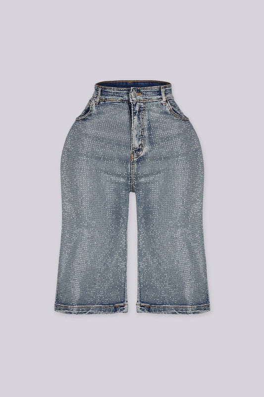 Opulent Rhinestone Denim Bermuda Shorts