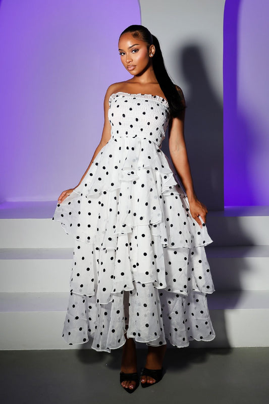 Dotty Smocked Tiered Midi Dress