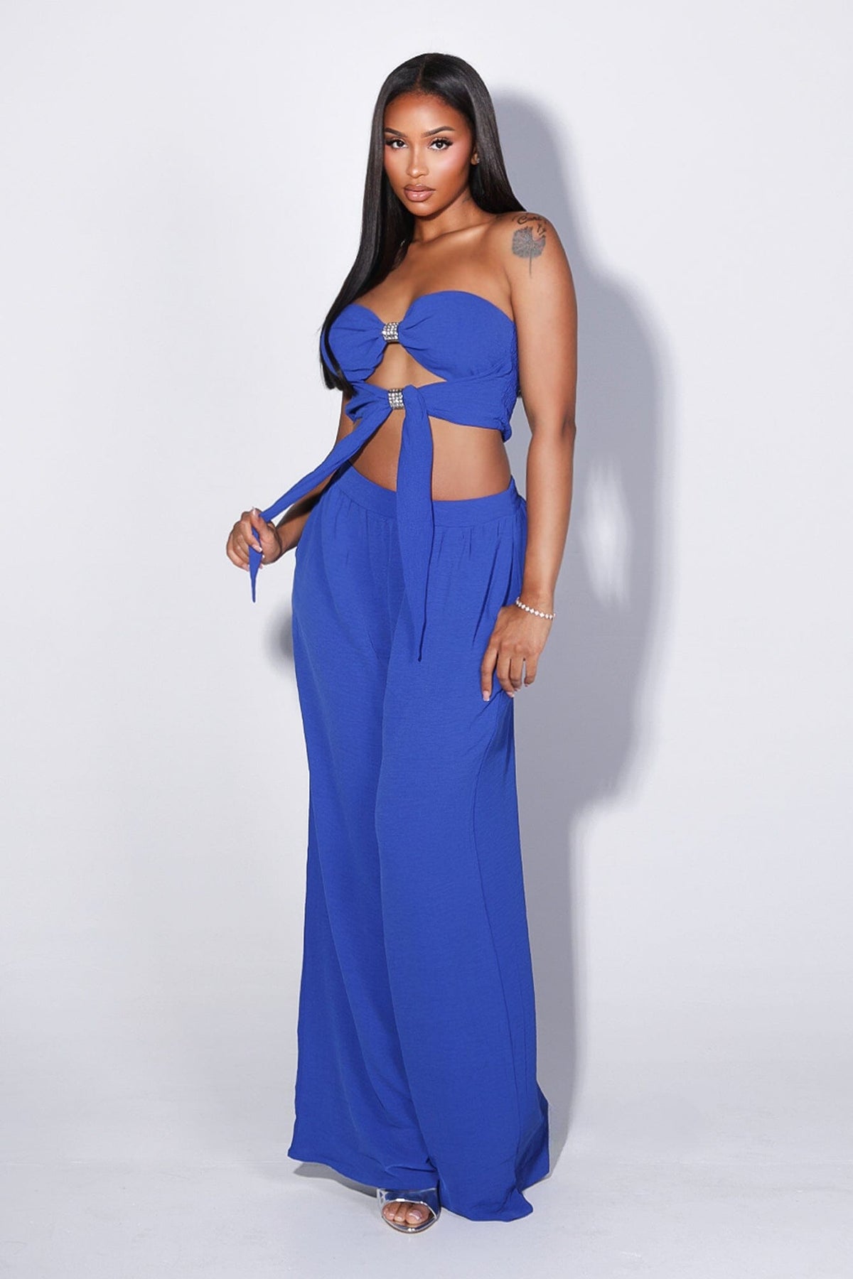Annael Chiffon Tube Rhinestone Top & Pants SET